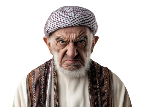Angry elderly man with traditional Middle Eastern attire and keffiyeh, intense facial expression of frustration, isolated on transparent background, png