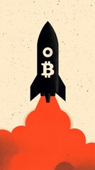 illustration of a rocket launching with a Bitcoin logo on its side, in a starry sky background.