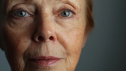 Obraz premium Close-up of mature woman’s face with natural wrinkles and aging signs, highlighting themes of beauty, realism, and self-acceptance in aging. Perfect for authentic beauty and lifestyle themes.