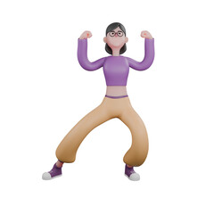 Cartoon Dance Artist in 3D. A female dancer stands looking up with her legs open, the right one straight and the left one slightly bent then both hands are clasped together and raised up.  Creativ