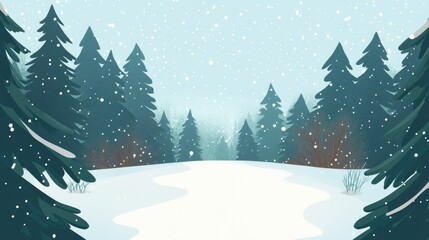 A snow-covered path through a winter forest with pine trees, creating a peaceful holiday atmosphere. Open space in the sky area for text.