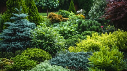 Fototapeta premium Lush Green Garden With Varied Foliage and Evergreen Trees