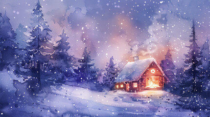 Fototapeta premium A cozy winter cabin in a snowy forest glowing warmly by the fireplace under a starry night sky filled with gentle snowflakes