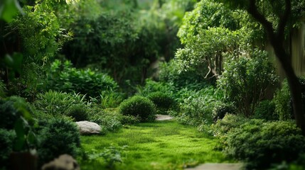 Obraz premium Lush Green Garden Path with Stone and Greenery