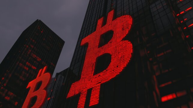 A modern city with skyscrapers and buildings at night with graphic coding and text for blockchain, cryptocurrency and digital techn.