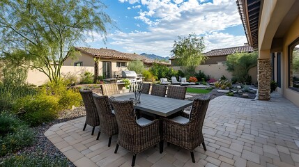 Obraz premium Modern Patio with Wicker Furniture and Stone Patio