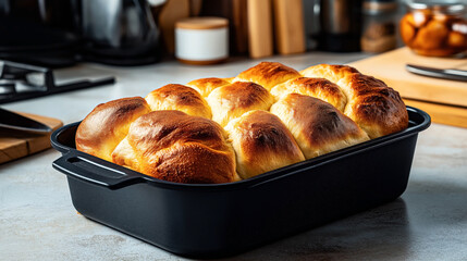 Close-up of freshly baked golden brown dinner rolls in a black rectangular baking pan on a kitchen countertop