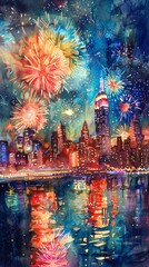 Obraz premium A vibrant watercolor illustration capturing a festive New Year's Eve fireworks display over a bustling city skyline, with colorful lights reflecting on the river and crowds joyfully celebrating