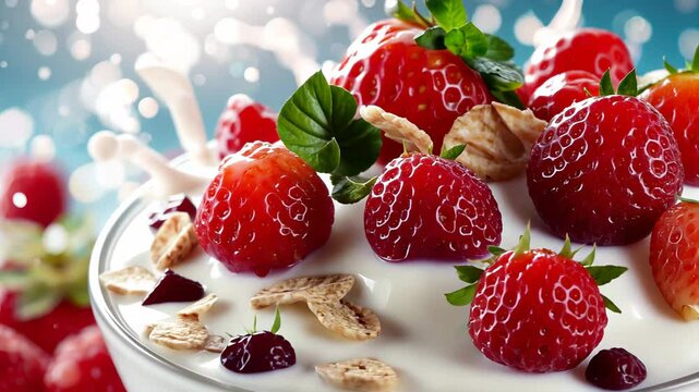 A delicious parfait is created using layers of yogurt, fresh strawberries, raspberries, and crunchy oats