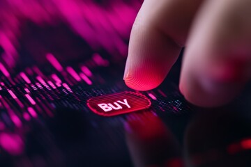 A conceptual illustration depicting a hand pressing a "Buy" button on a digital trading platform, with glowing charts and the symbols of Bitcoin and Ethereum in the background.