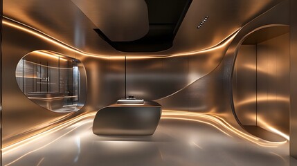 65. A 3D display with futuristic metallic surfaces and glowing lines, leaving room for a product in the middle.