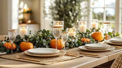  Elegant Thanksgiving table setting with pumpkins, greenery, and candles, capturing cozy, festive ambiance perfect for autumn gatherings and holiday celebrations.