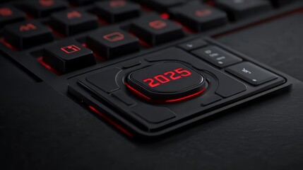 Obraz premium A close-up of a black keyboard with a glowing red 2025 key.