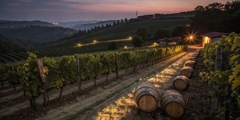 Low Light Photography of Wine Production: Grape Cultivation, Harvesting, Fermentation, and Terroir Representation in a Vineyard Setting