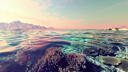 Stunning coral reef landscape with vibrant corals of various colors, schools of colorful fish swimming gracefully among them