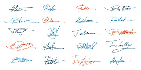 Handwritten Collection of Fake Scribble Signature in Ink. Handwritten set of inked autographs. Collection of imaginary scribble signatures. 