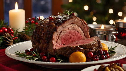 Christmas dinner table: prime rib roast and festive dishes decorated with cranberries and rosemary generative ai
