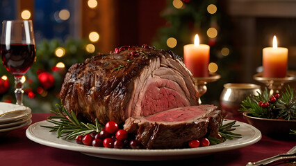 Christmas dinner table: prime rib roast and festive dishes decorated with cranberries and rosemary generative ai
