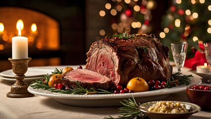 Christmas dinner table: prime rib roast and festive dishes decorated with cranberries and rosemary generative ai
