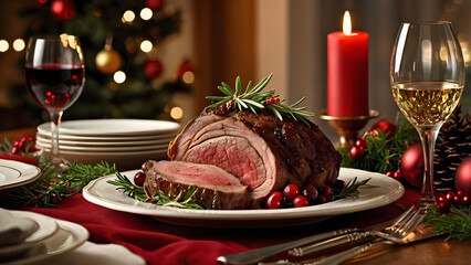 Christmas dinner table: prime rib roast and festive dishes decorated with cranberries and rosemary generative ai