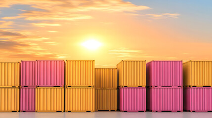 A vivid sunrise illuminates colorful shipping containers stacked against a serene sky, creating a vibrant industrial scene.