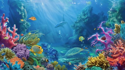 Stunning coral reef landscape with vibrant corals of various colors, schools of colorful fish swimming gracefully among them