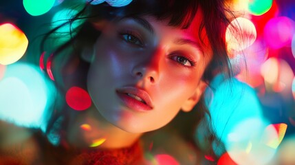 Fototapeta premium A fashion shoot with a woman surrounded by neon lights, her face illuminated by the bright neon glow in an artistic urban setting