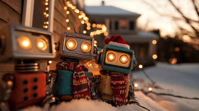 Three cheerful robots wearing festive hats and scarves, illuminated by warm lights against a snowy backdrop during sunset.