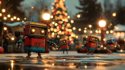 Fototapeta premium Whimsical robots celebrate Christmas under glowing lights in a festive, snowy setting, bringing a playful touch to the holiday spirit.