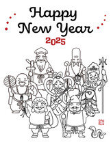 2025年巳年年賀状　シンプルでかわいい七福神のイラスト