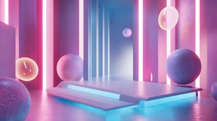 71. A 3D environment with floating holograms, glowing lines, and a large empty space for product placement.