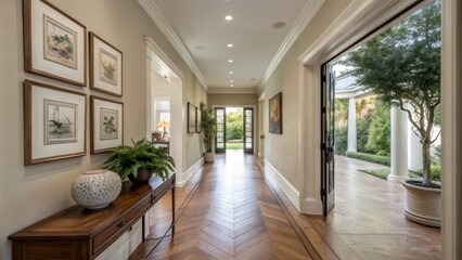 Fototapeta premium Modern Hallway with Wood Flooring and Artwork Leading to a Bright Greenery Space - Panoramic Photography
