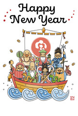 2025年巳年年賀状　シンプルでかわいい宝船に乗った七福神のイラスト