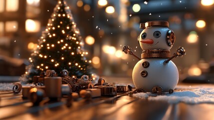 A charming snowman stands beside a decorated Christmas tree, surrounded by festive lights and a snowy setting, evoking holiday cheer.