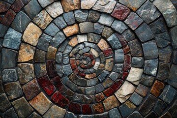 Fototapeta premium Circular Stone Mosaic Pattern with Red, Grey, and Brown Stones