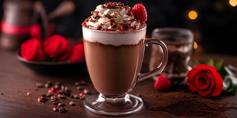 Raspberry Hot Chocolate with Whipped Cream and Roses