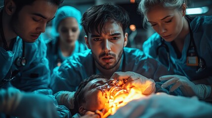 A group of surgeons perform a surgery on a patient in a hospital operating room. The patient is unconscious and the surgeons are wearing scrubs and masks. 