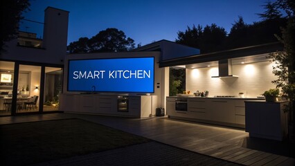 Modern Smart Kitchen Silhouette with Blue Screen Displaying Smart Kitchen Concept