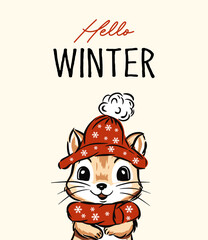 Hello winter greeting card with cute chipmunk in Santa hat kids design