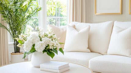Naklejka premium bright and cozy living room with white sofa, elegant cushions, and round table adorned with vase of white flowers, creating serene atmosphere