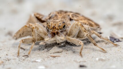 Close-up of a Brown and White Spider on White Sand
