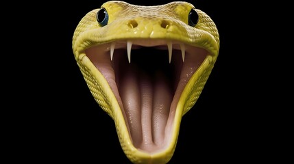 Close-up of a Yellow Snake with its Mouth Open, Showing Fangs and a Pink Tongue