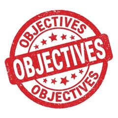 OBJECTIVES text written on red round stamp sign.