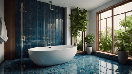Modern and refreshing spa chic bathrooms: blue tile, large tub, green plants by window generative ai