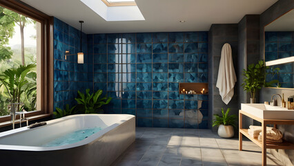 Modern and refreshing spa chic bathrooms: blue tile, large tub, green plants by window generative ai