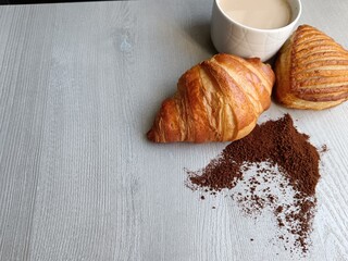 coffee and croissant, coffee with croissant and chocolate brioche 
