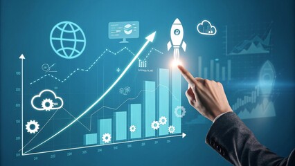 Futuristic Business Growth with holographic Graph, Rocket, Data, Global Icons V2