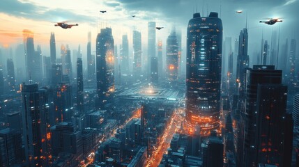 Fototapeta premium Futuristic Cityscape with Flying Cars