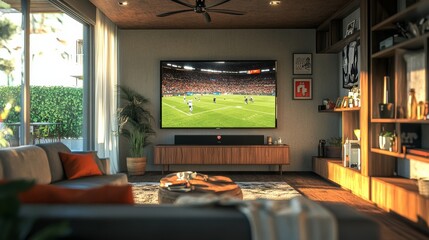 A football game being broadcast on a large TV in a cozy living room with stylish decor, representing the joy of watching live sports at home in a modern setting