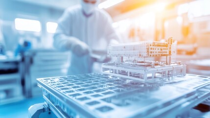 Satellite assembly process in high-tech facility. Precision engineering and advanced technology for space exploration and communication.